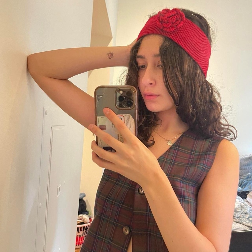 Red Knitted Headband with Flower Accent
